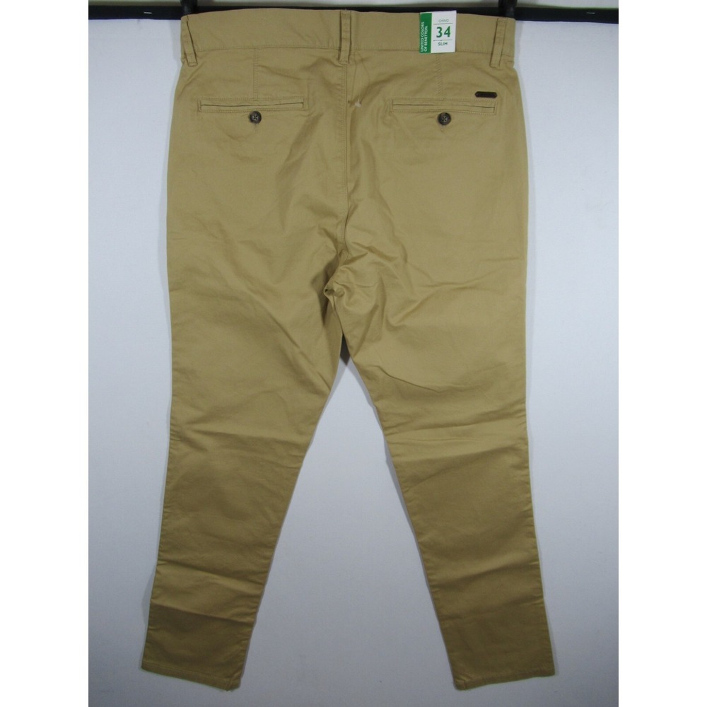 NEW United Colors of Benetton Chino Pants Men 34x32 Khaki Flat Front Slim Fit